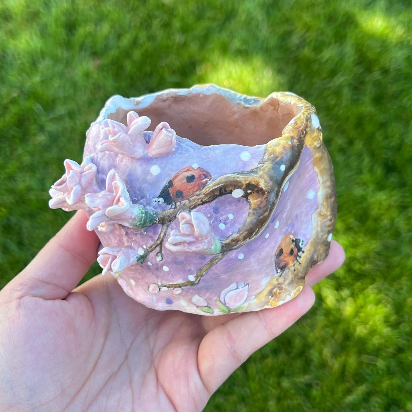 Lavender Pink Saucer Magnolia Tree with Lady Bugs Planter