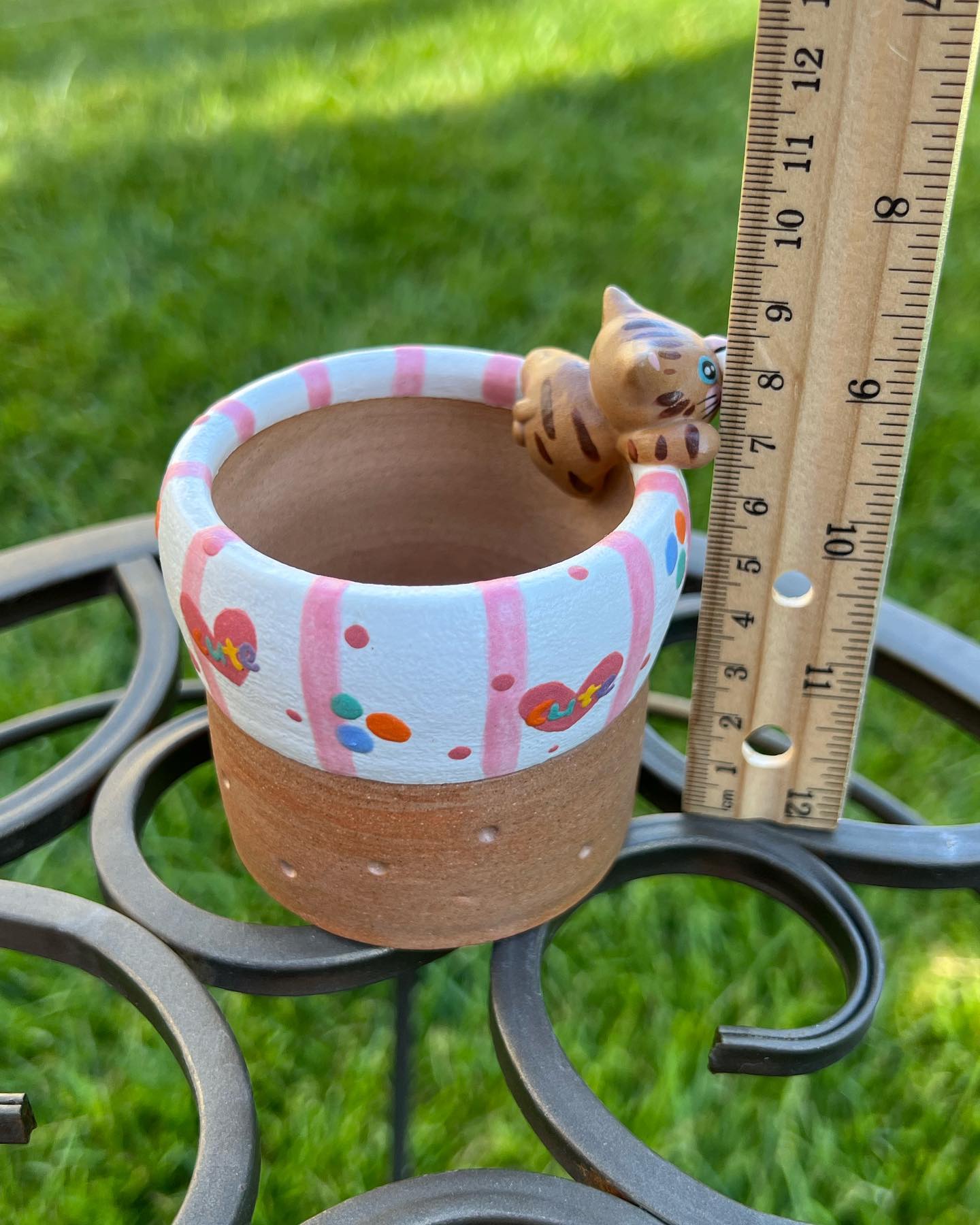 Pink And White Stripe With Brown Cat Planter
