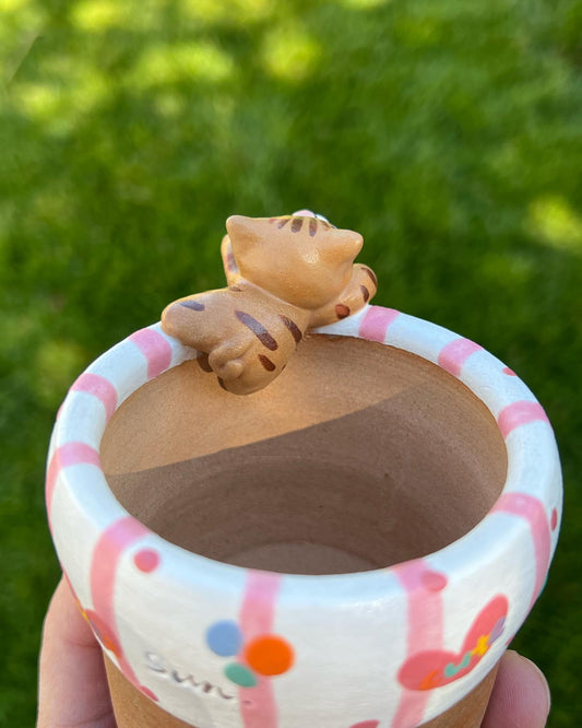 Pink And White Stripe With Brown Cat Planter