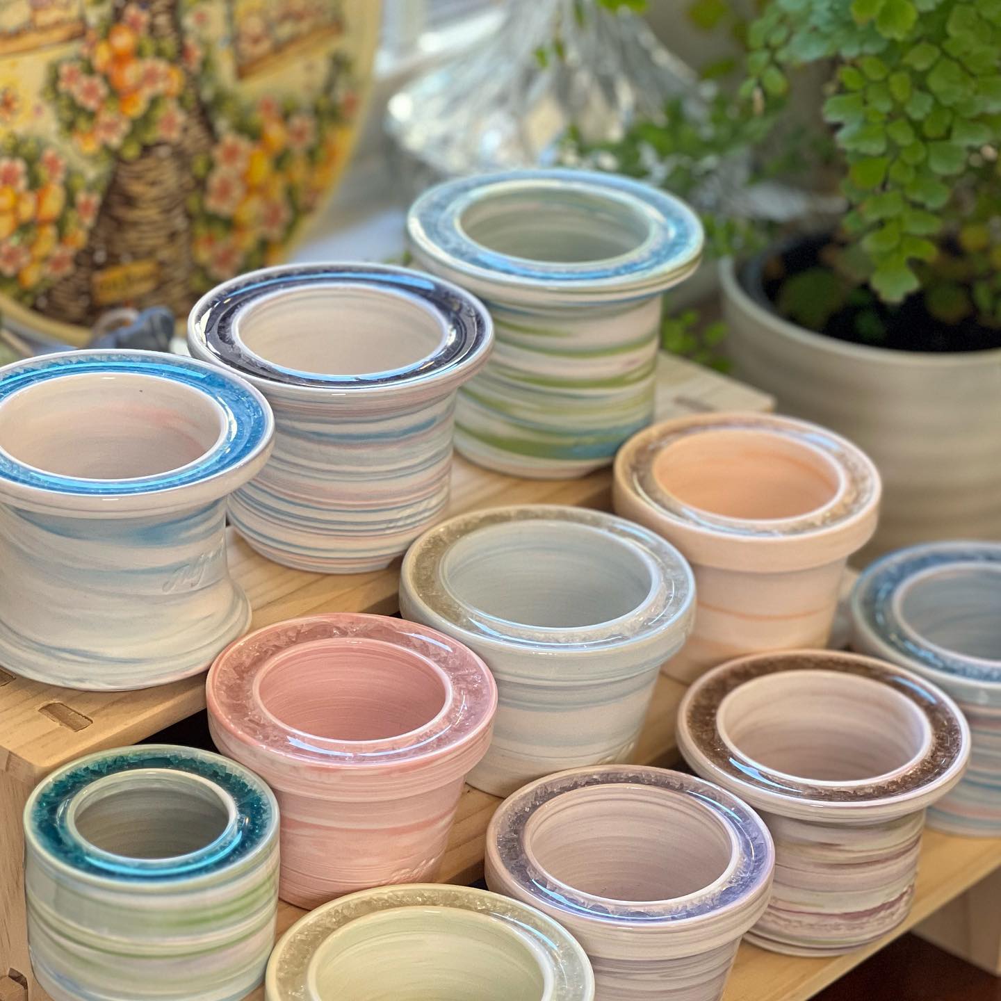 July Glass Art Ocean Azure Blue Swirl Planter