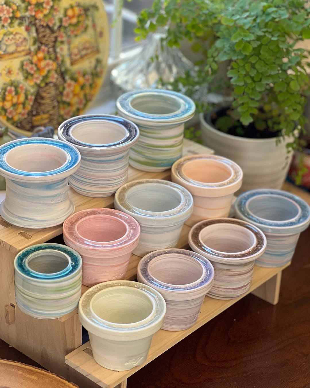 July Glass Art Baby Blue Swirl Planter