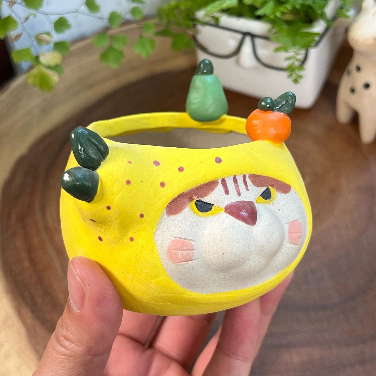 Yellow Pear in Disguise Handmade pot - Cat Series