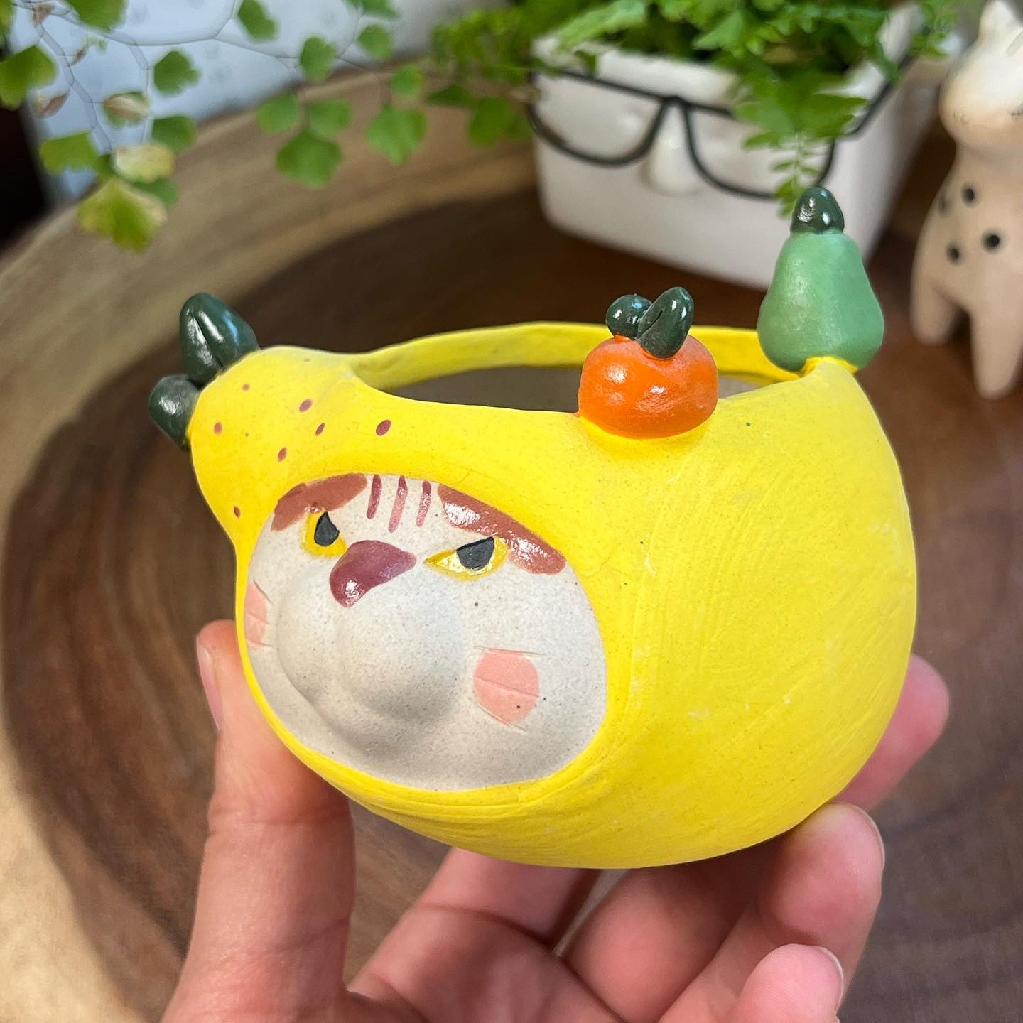 Yellow Pear in Disguise Handmade pot - Cat Series
