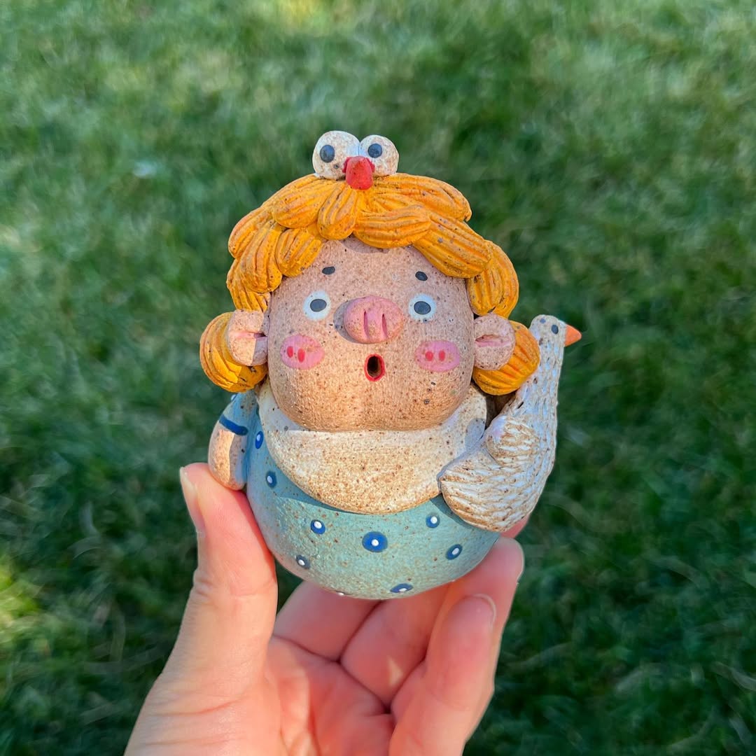Piggy Boy With Goose Friend Planter