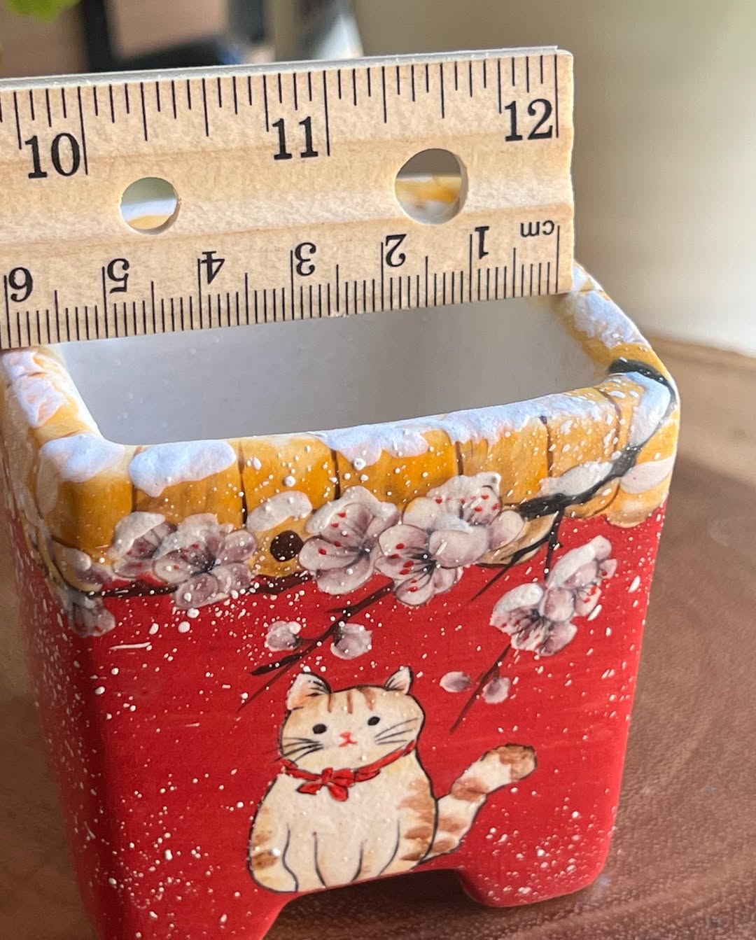 Hand-Painted Kitty Under Great Red Wall Planter