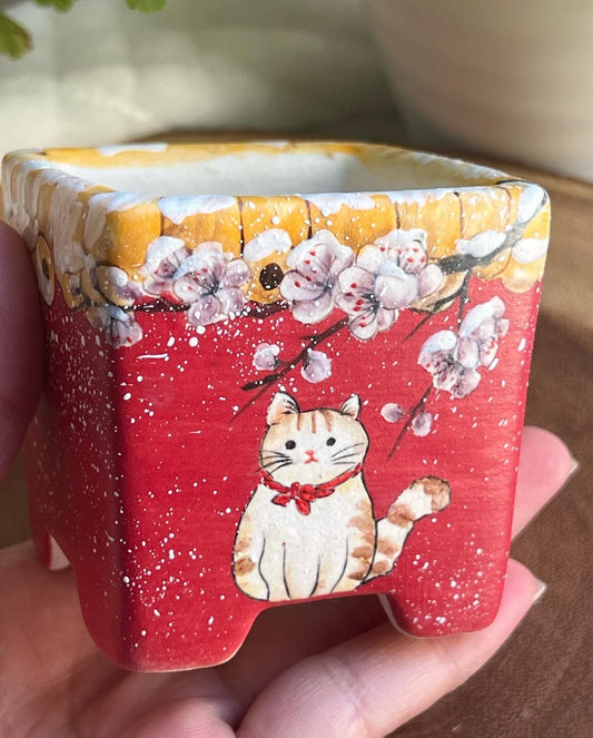 Hand-Painted Kitty Under Great Red Wall Planter