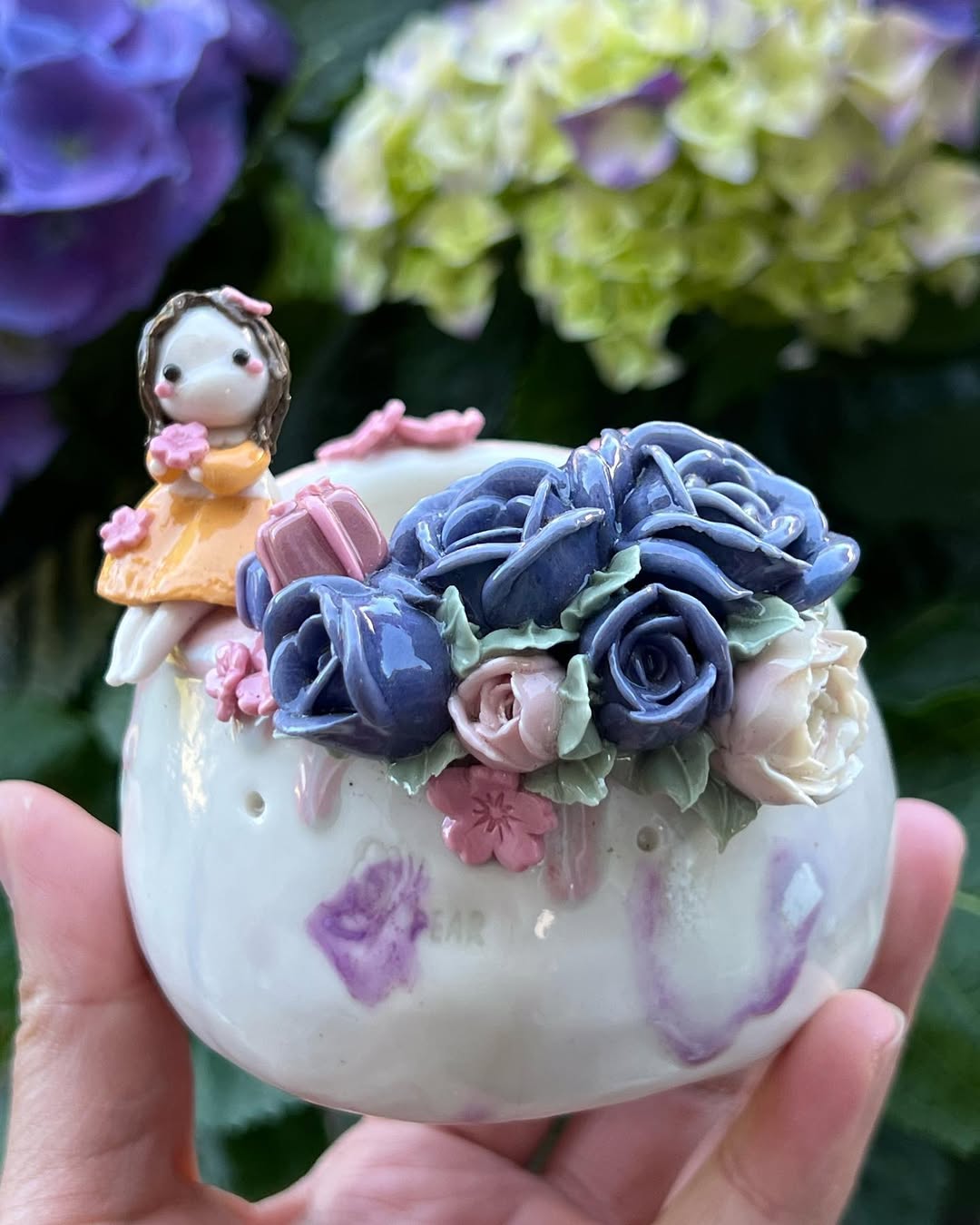 Sweet Girl with Purple Roses Planter