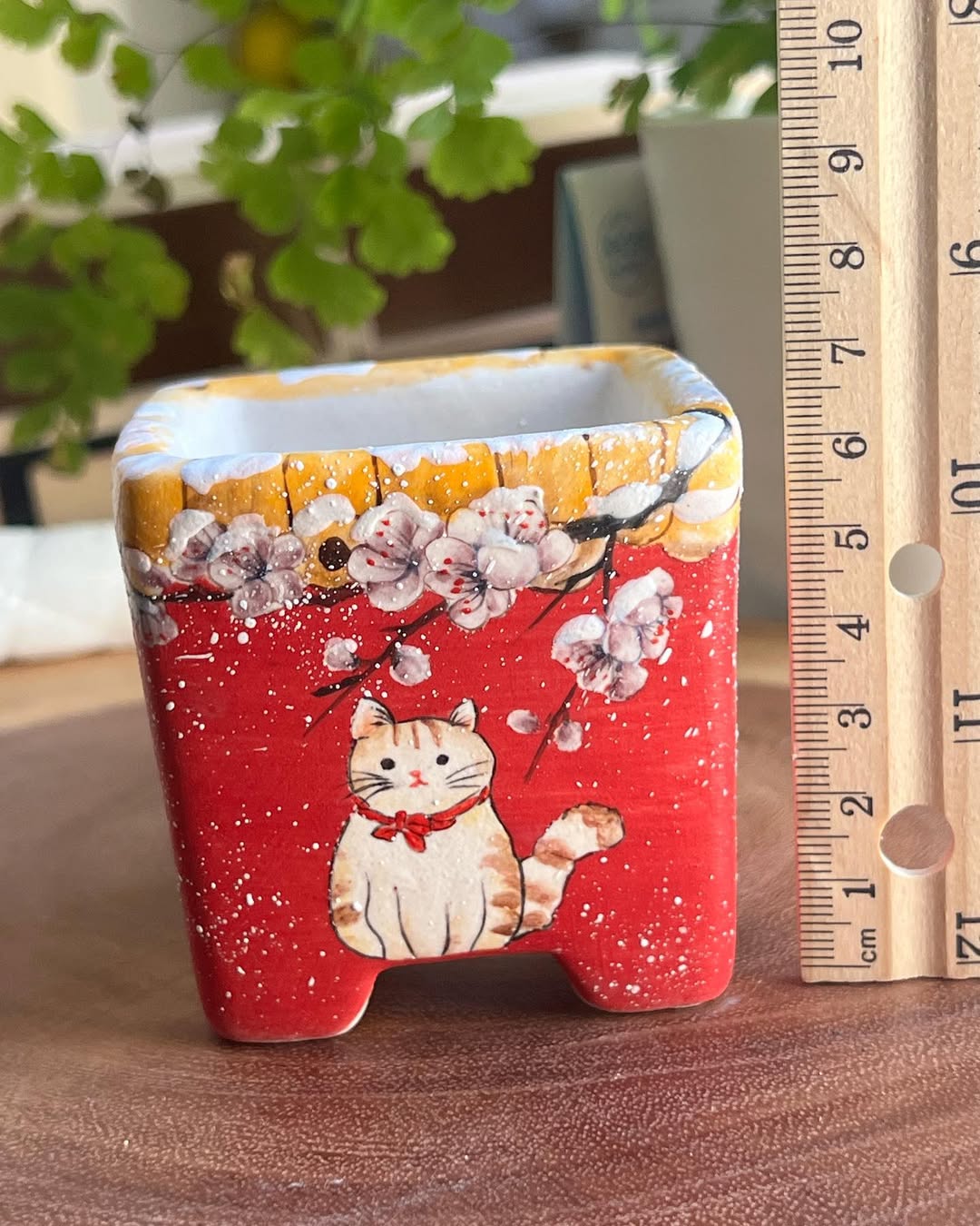 Hand-Painted Kitty Under Great Red Wall Planter