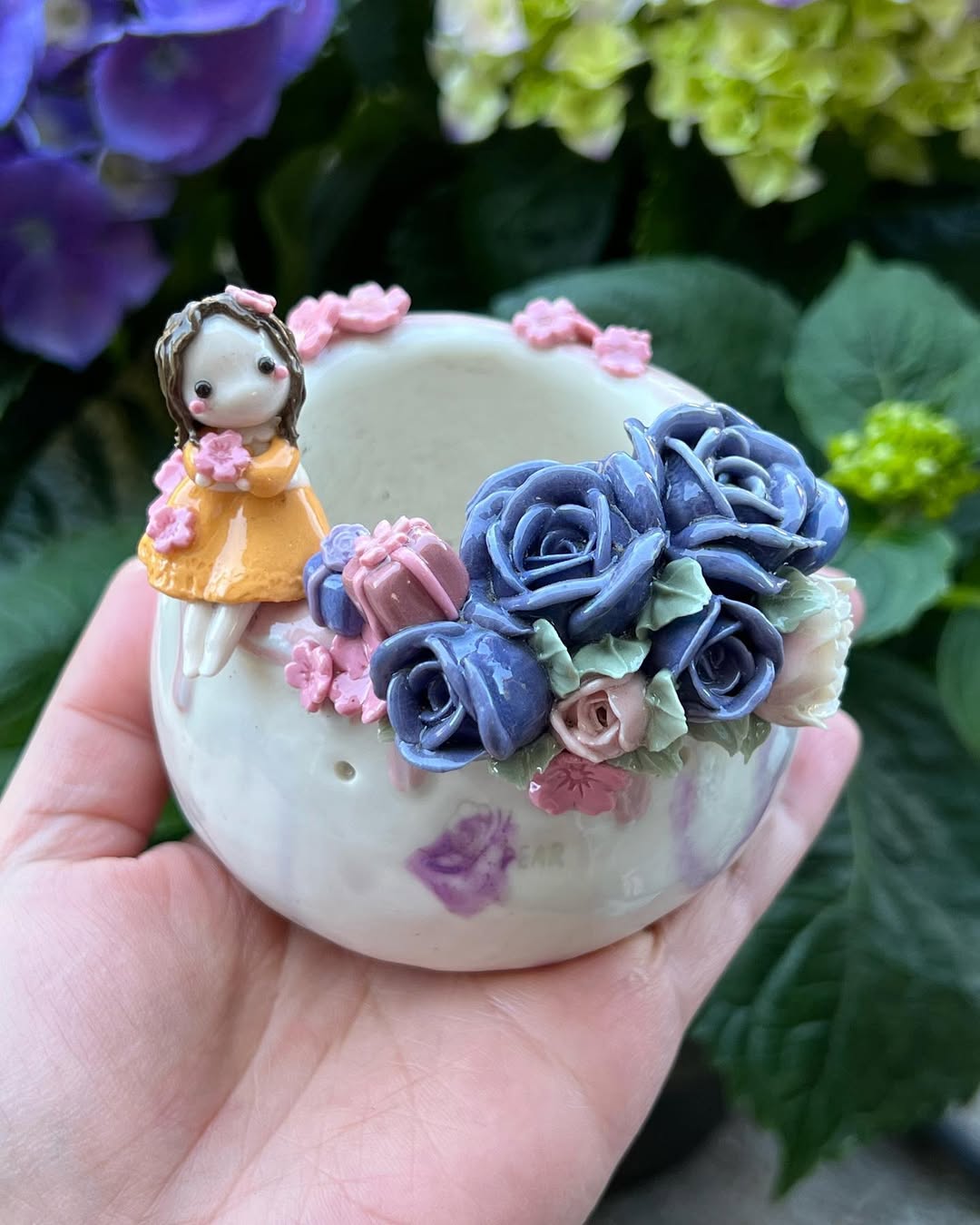 Sweet Girl with Purple Roses Planter