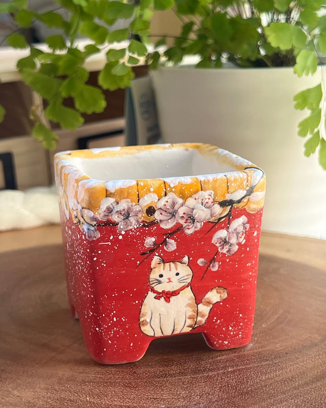 Hand-Painted Kitty Under Great Red Wall Planter