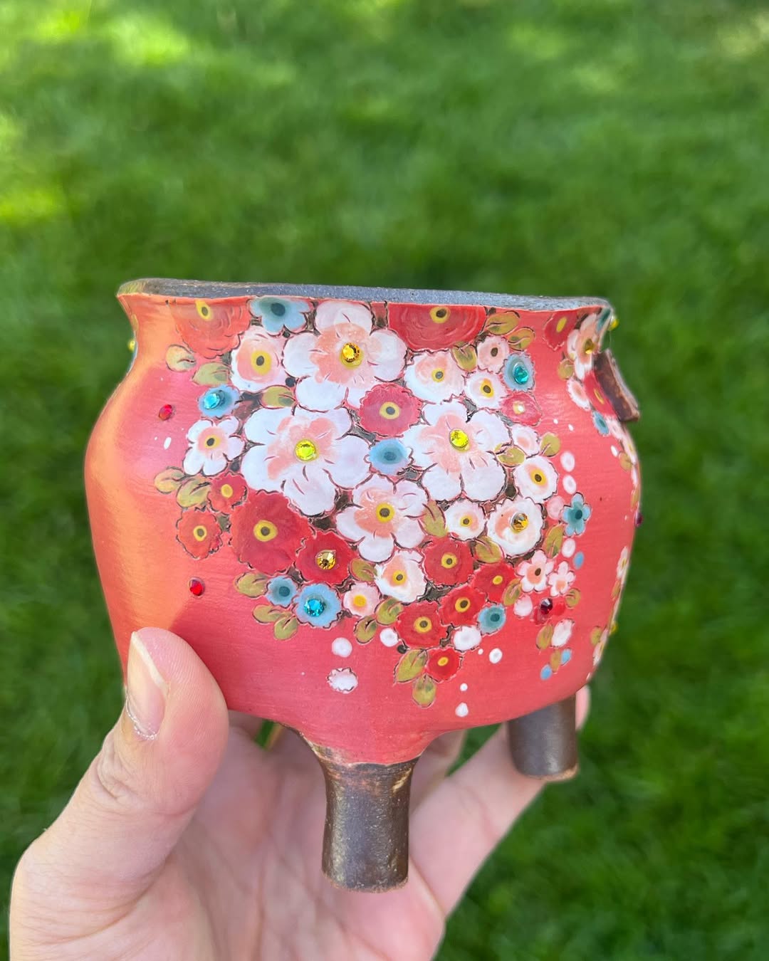 Hand Painted Crimson Wildflower Korean Style Planter