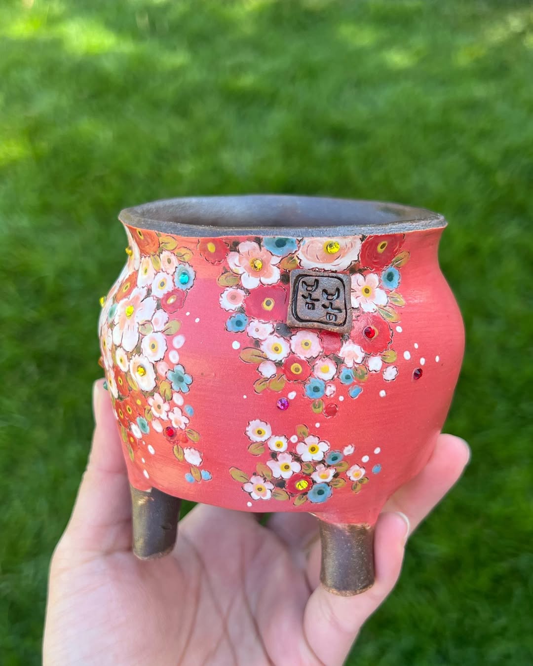 Hand Painted Crimson Wildflower Korean Style Planter