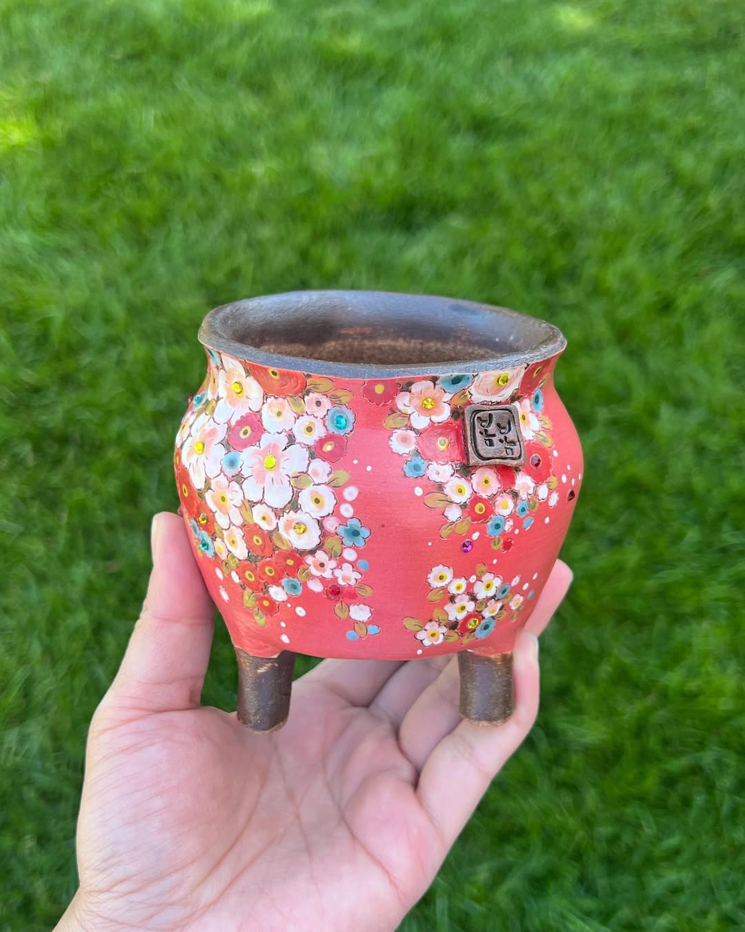 Hand Painted Crimson Wildflower Korean Style Planter