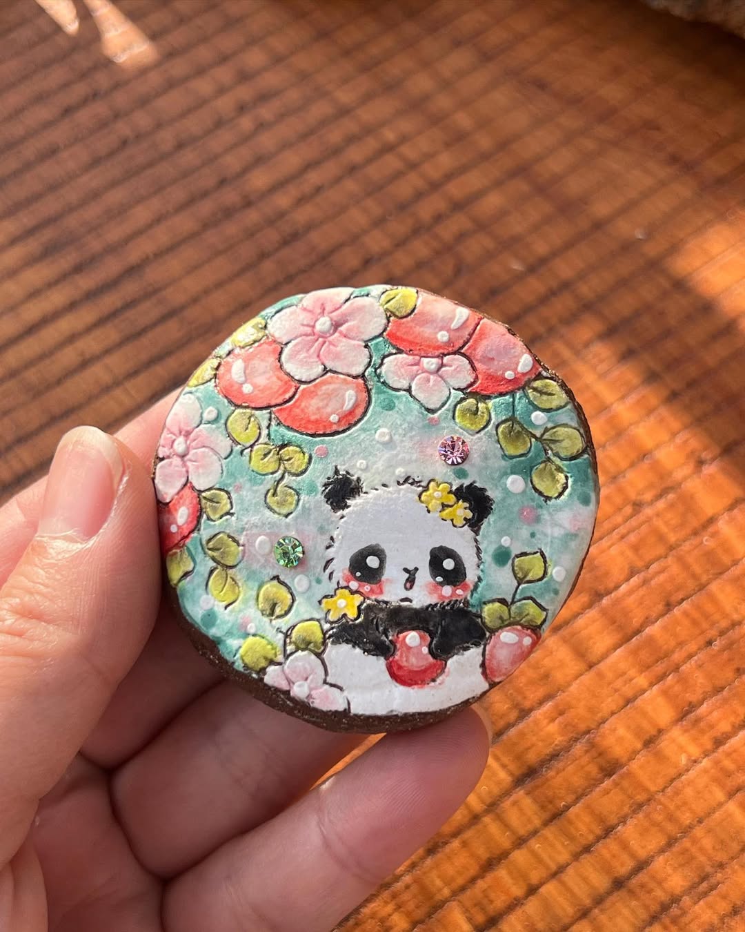 Hand Drawn Panda Cherry Garden Decor Stone Plate