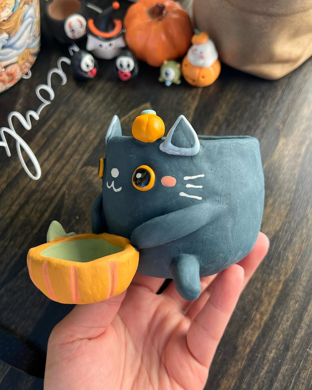 Blue Cat with Pumkin Planter