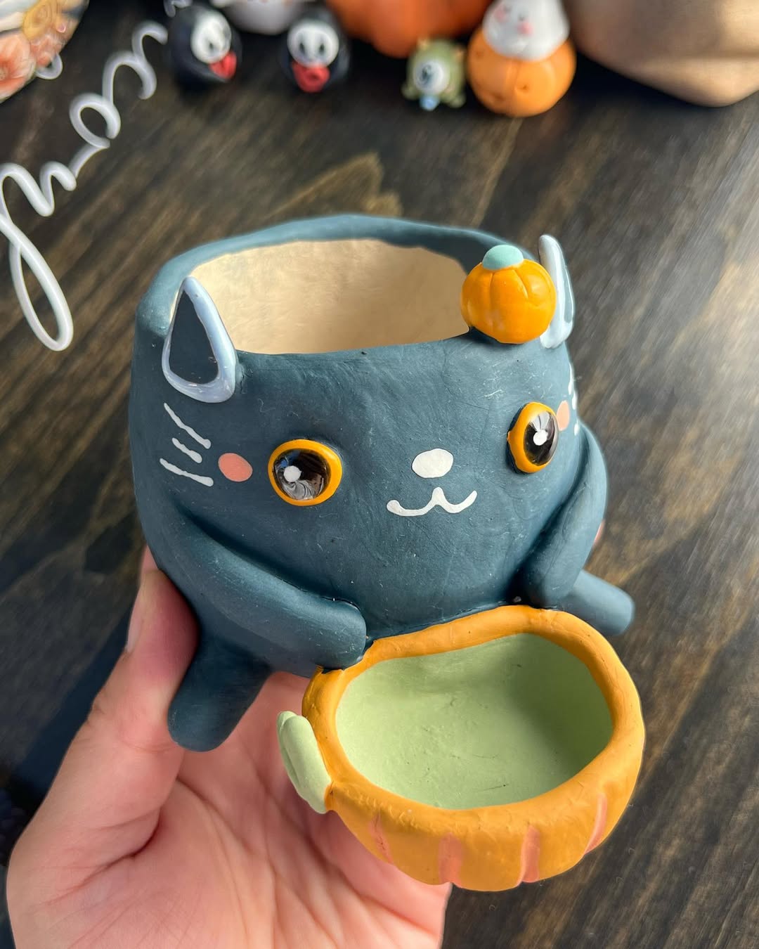 Blue Cat with Pumkin Planter