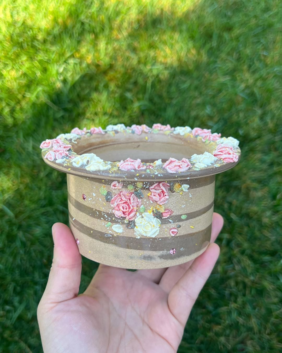 3D Pink And Yellow Roses On Top Rim Large Planter