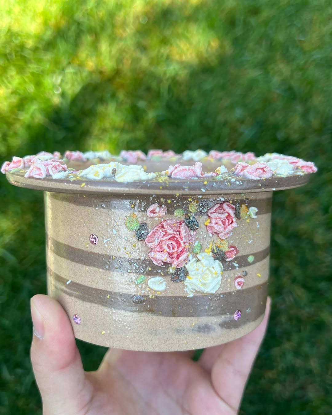 3D Pink And Yellow Roses On Top Rim Large Planter