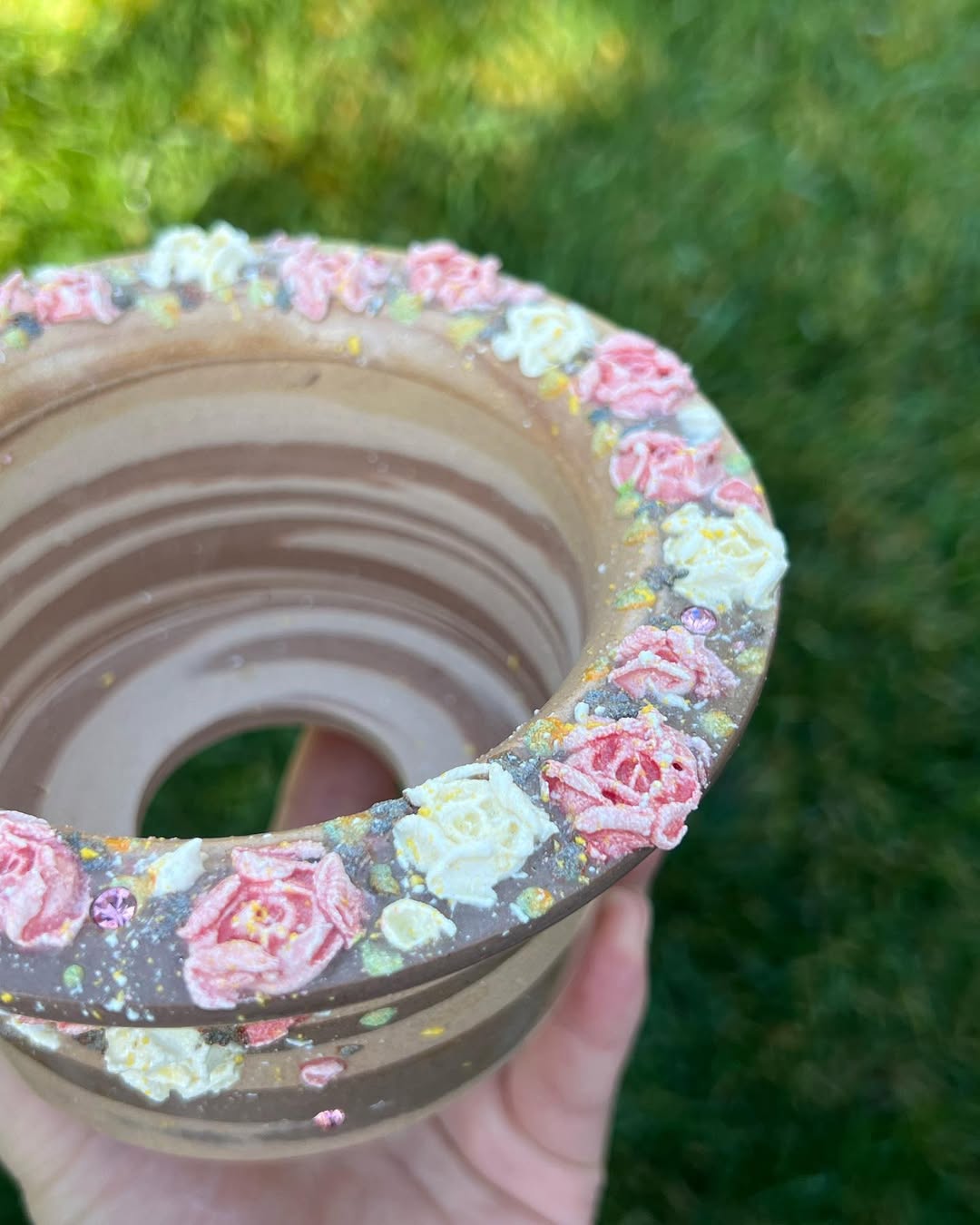 3D Pink And Yellow Roses On Top Rim Large Planter