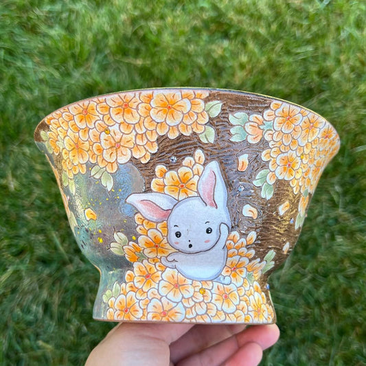 Hand-Painted Golden Blossom Bunny Planter