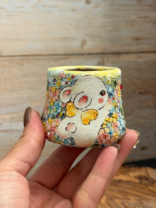 Hand Painted Winged Rabbit Pot with Hydrangeas