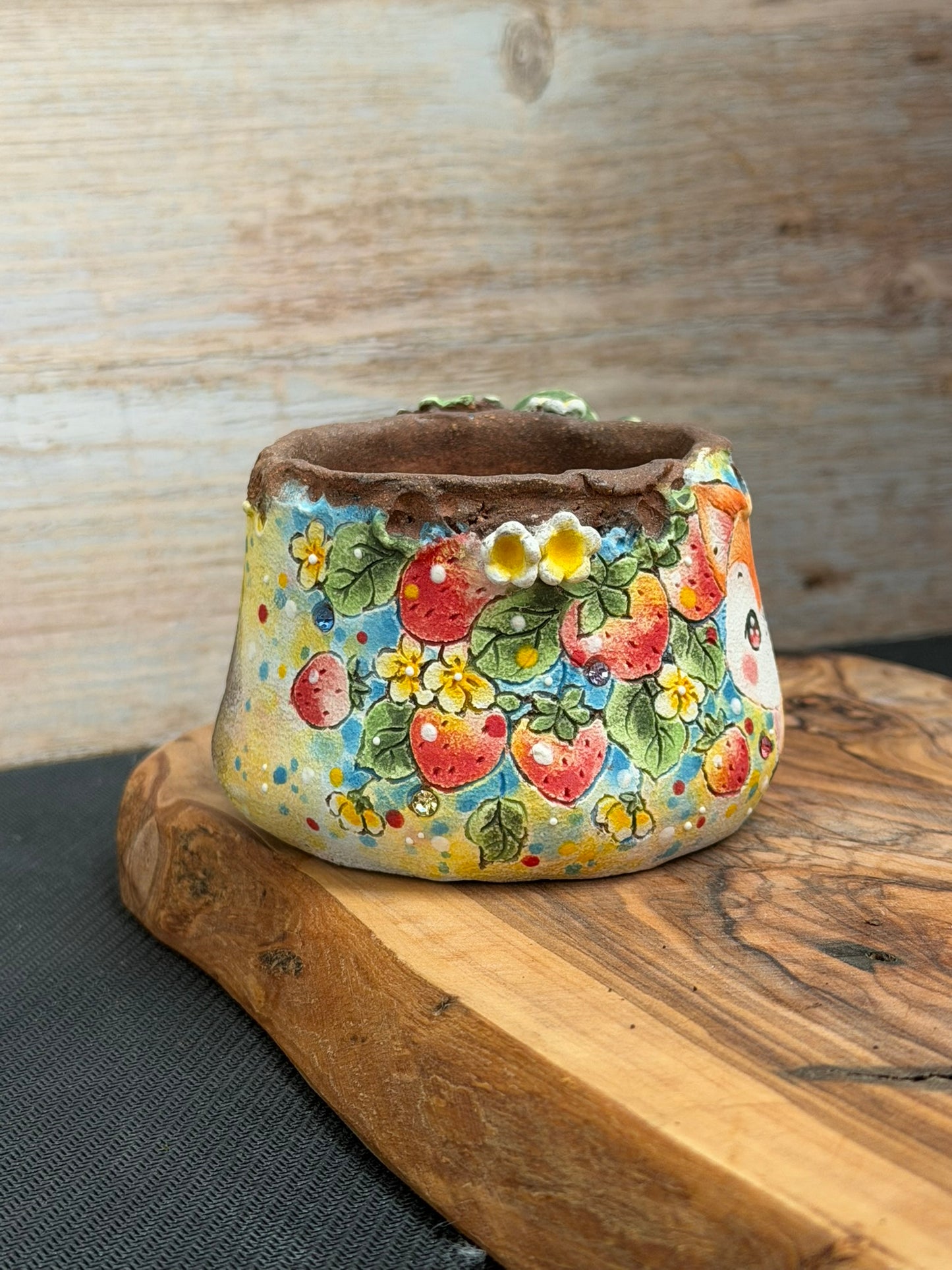 Hand Painted Fox with Strawberries and flowers