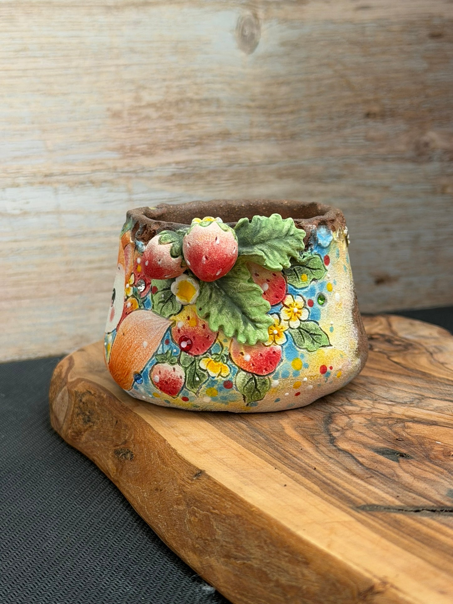 Hand Painted Fox with Strawberries and flowers