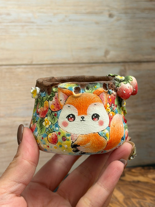 Hand Painted Fox with Strawberries and flowers