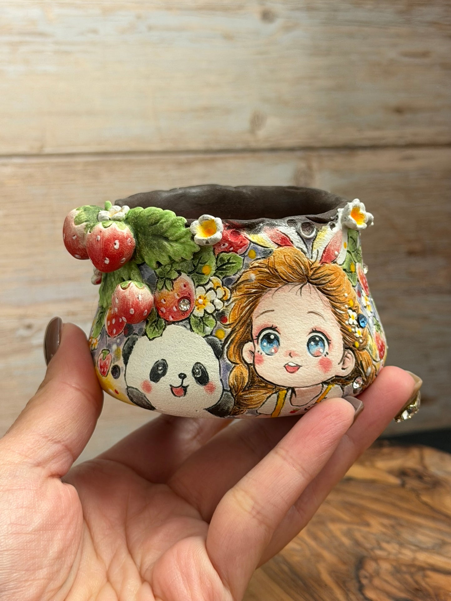Hand Painted Bunny Eared Girl, Panda and 3D Strawberries