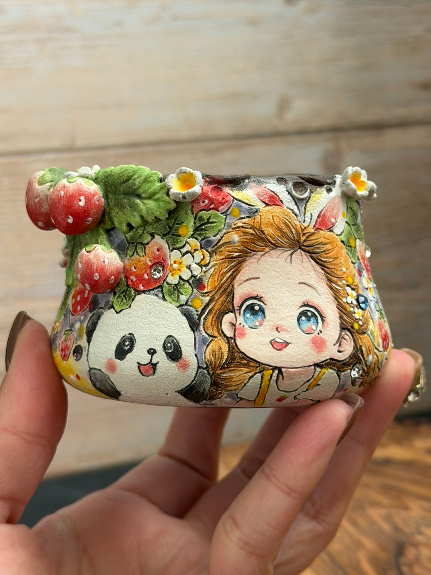 Hand Painted Bunny Eared Girl, Panda and 3D Strawberries