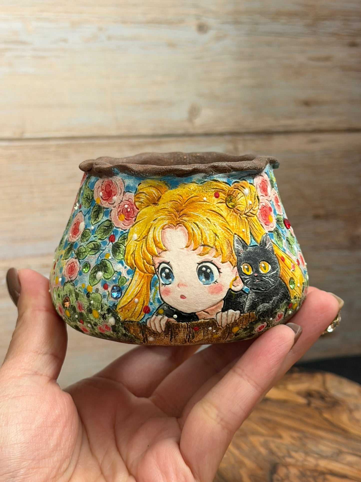 Hand painted Sailor Moon Themed Featuring Roses and Luna the Cat
