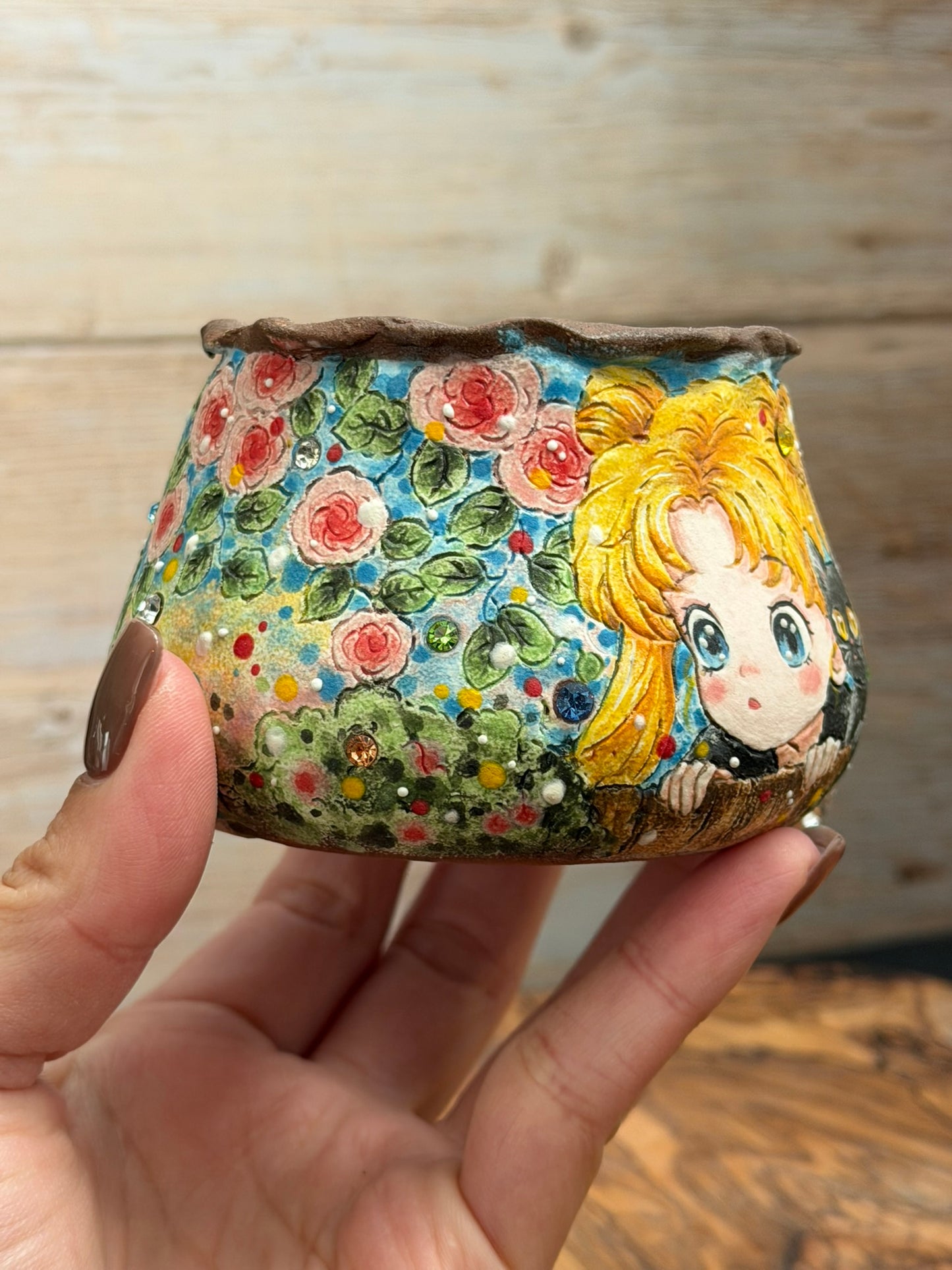 Hand painted Sailor Moon Themed Featuring Roses and Luna the Cat