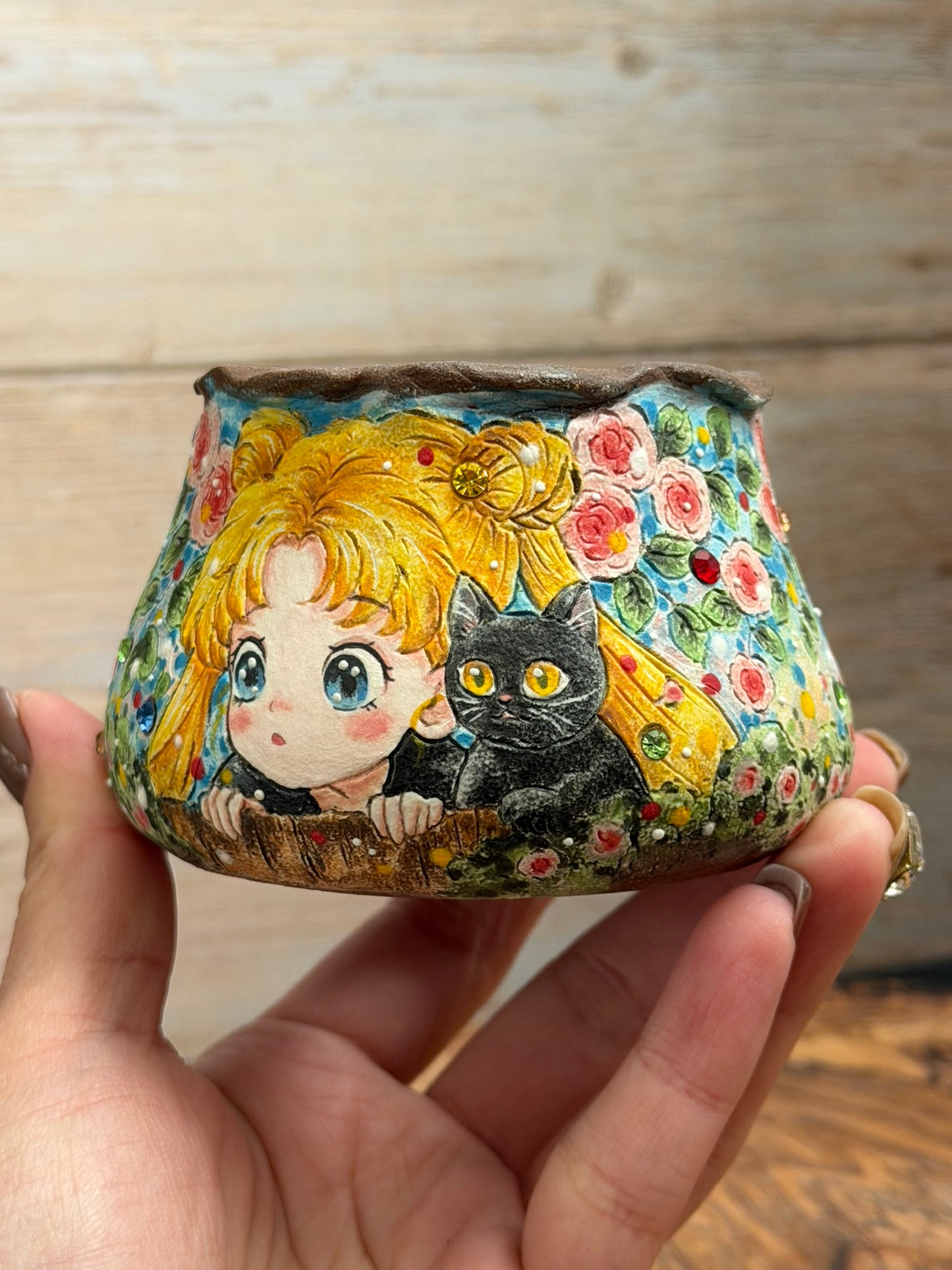 Hand painted Sailor Moon Themed Featuring Roses and Luna the Cat