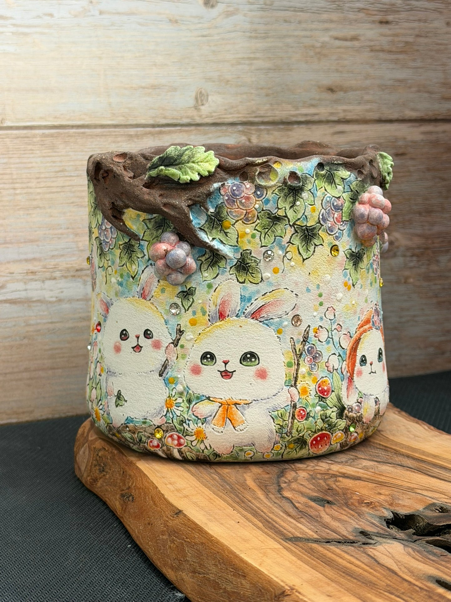 Hand Painted Bunny Friends with 3D Grapes accent and Flowers