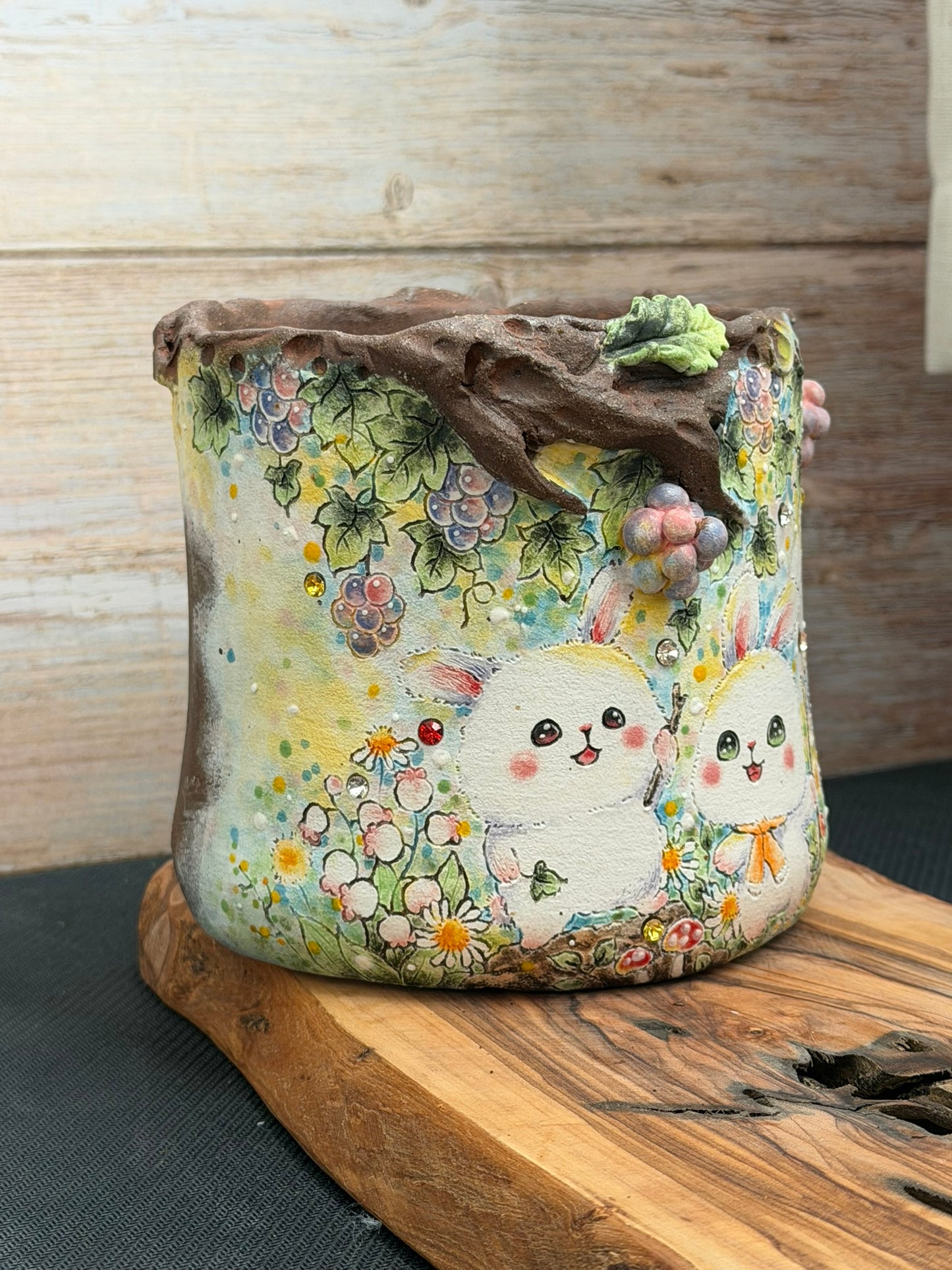 Hand Painted Bunny Friends with 3D Grapes accent and Flowers
