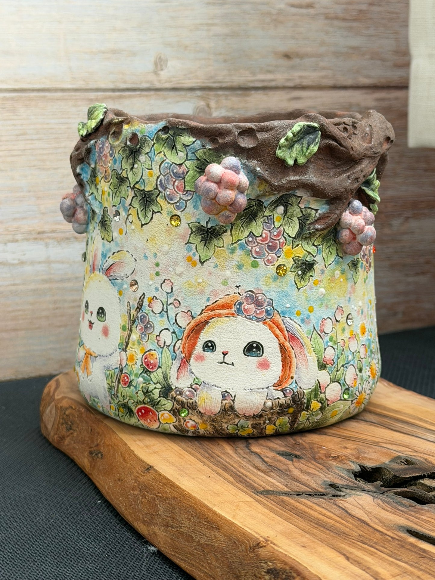 Hand Painted Bunny Friends with 3D Grapes accent and Flowers