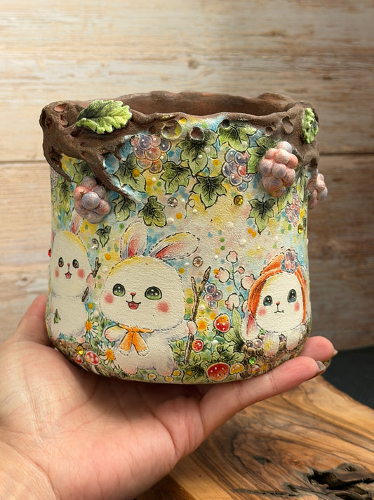 Hand Painted Bunny Friends with 3D Grapes accent and Flowers