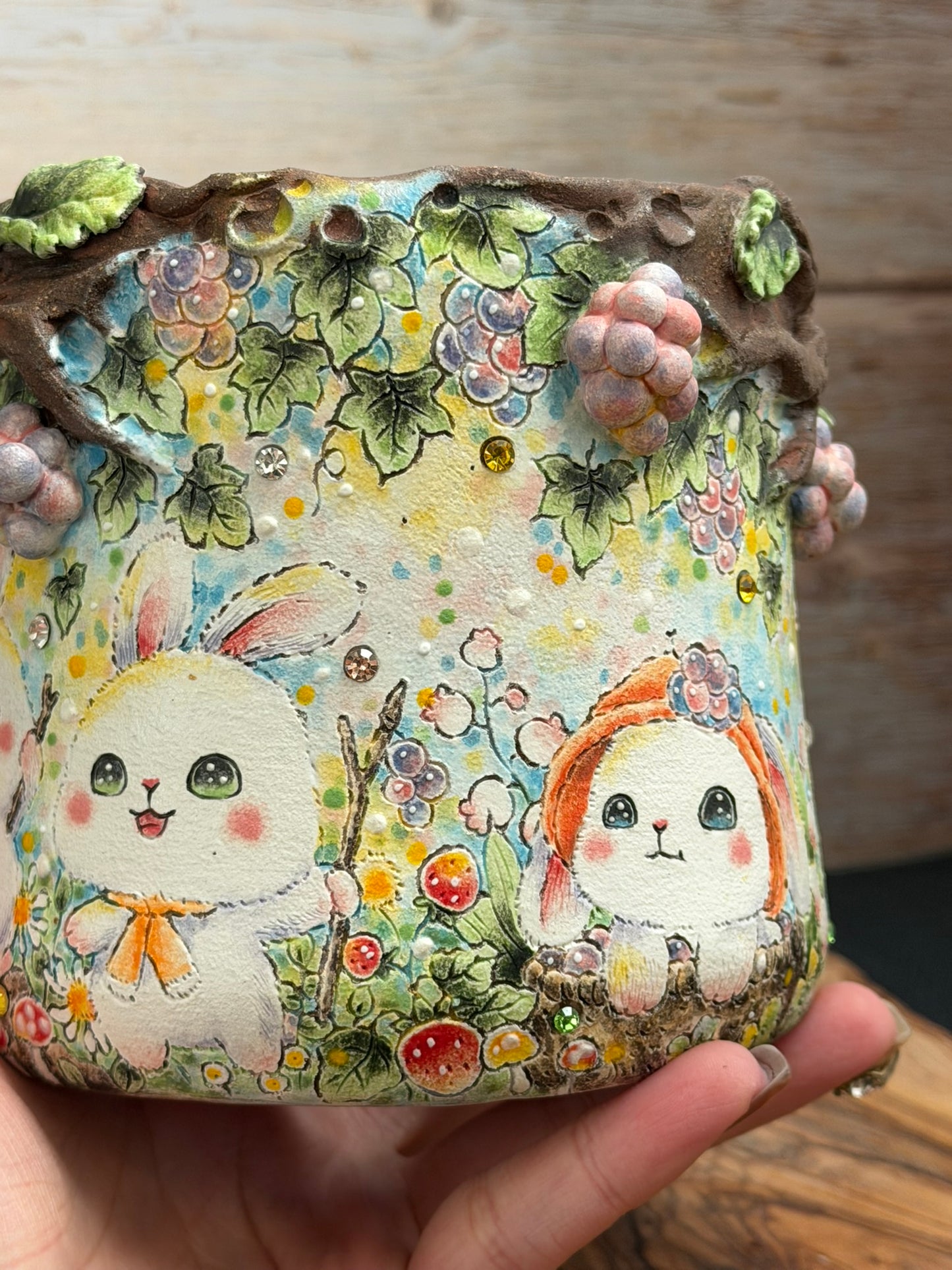 Hand Painted Bunny Friends with 3D Grapes accent and Flowers