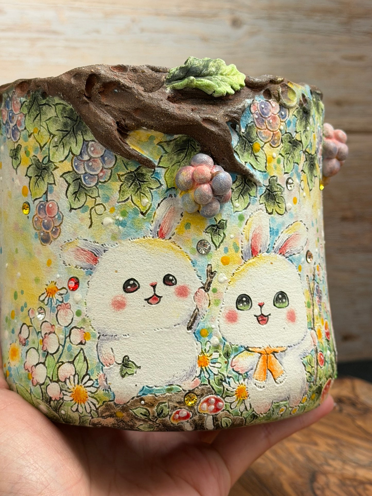 Hand Painted Bunny Friends with 3D Grapes accent and Flowers