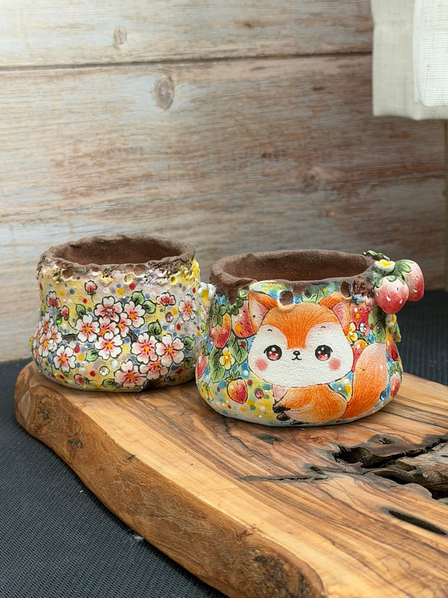 Hand Painted Fox with Strawberries and flowers