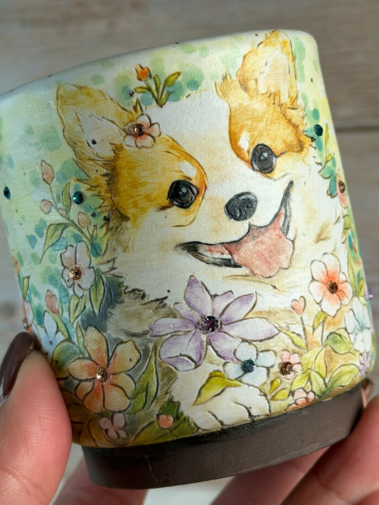 Hand painted Corgi Dog in a Flower Garden