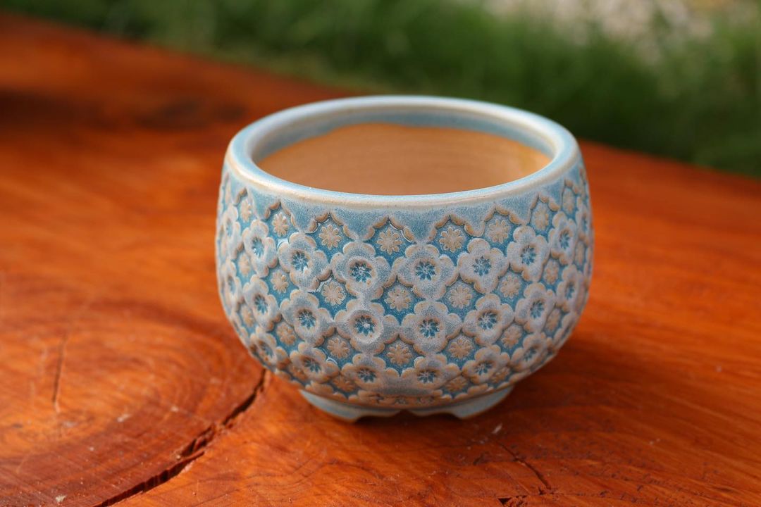 Blue Round Bloom Patterned Planter