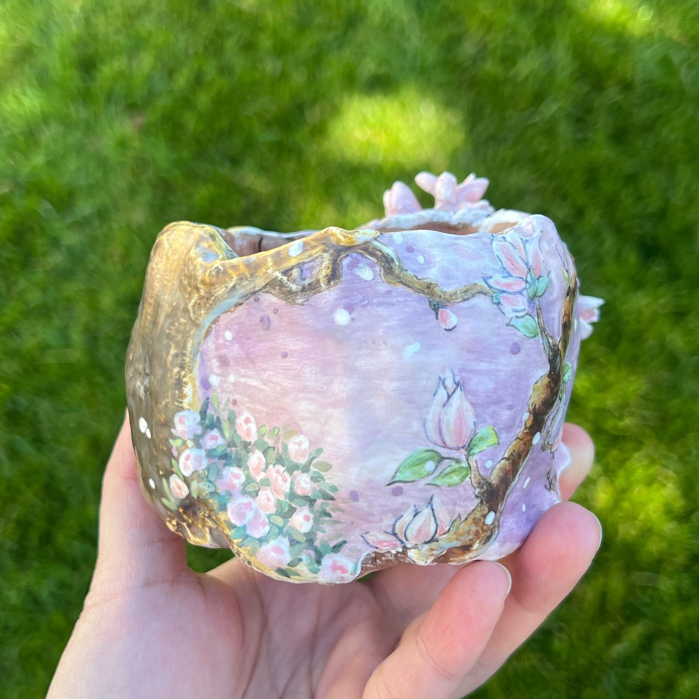 Lavender Pink Saucer Magnolia Tree with Lady Bugs Planter