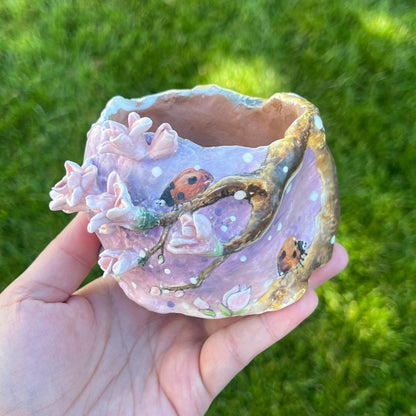 Lavender Pink Saucer Magnolia Tree with Lady Bugs Planter
