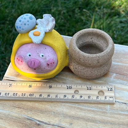 Egg Piggy Figurine With Pot On The Right Side Planter