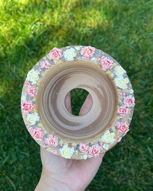 3D Pink And Yellow Roses On Top Rim Large Planter