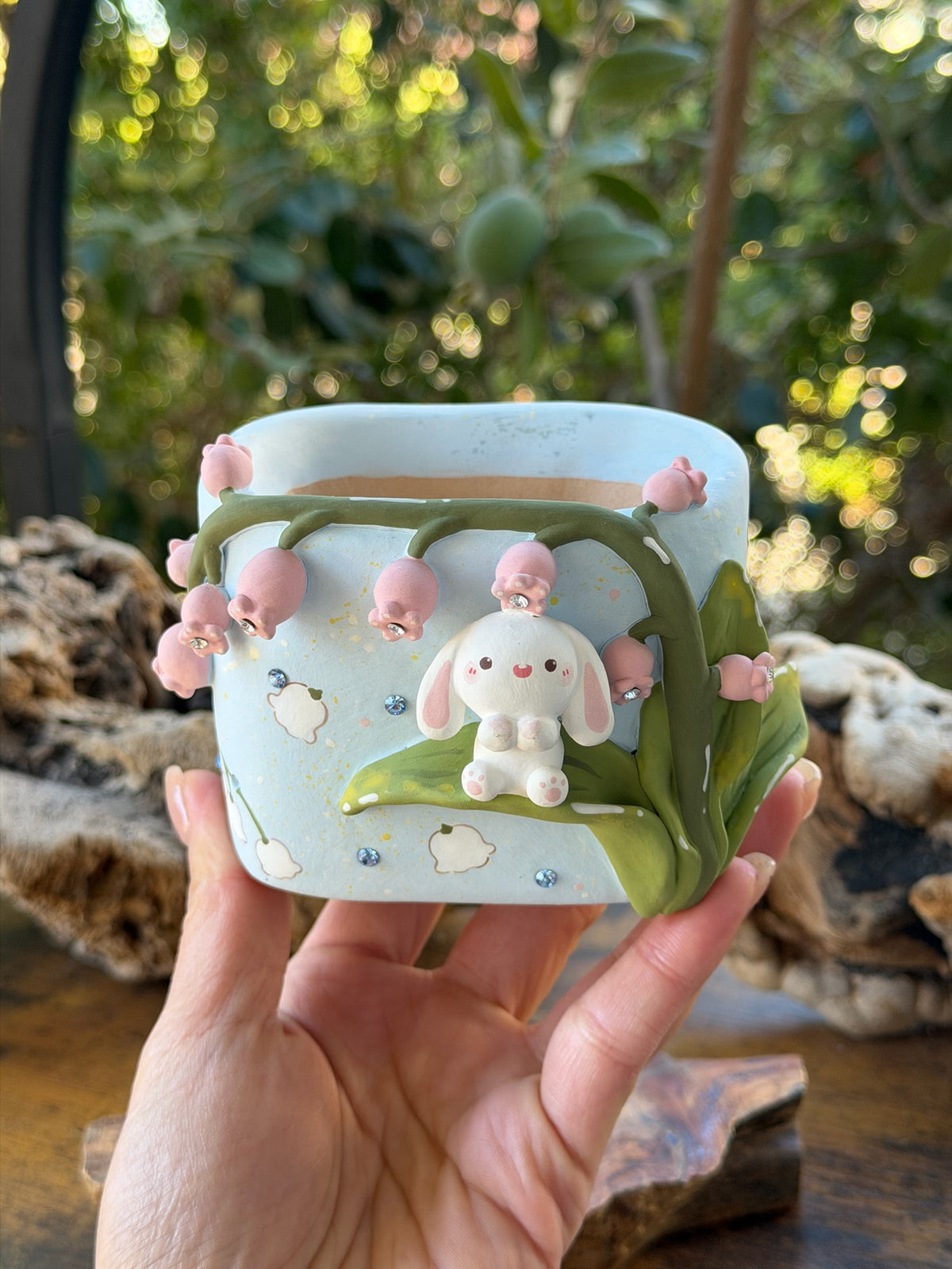 Lily of the valley bunny pot