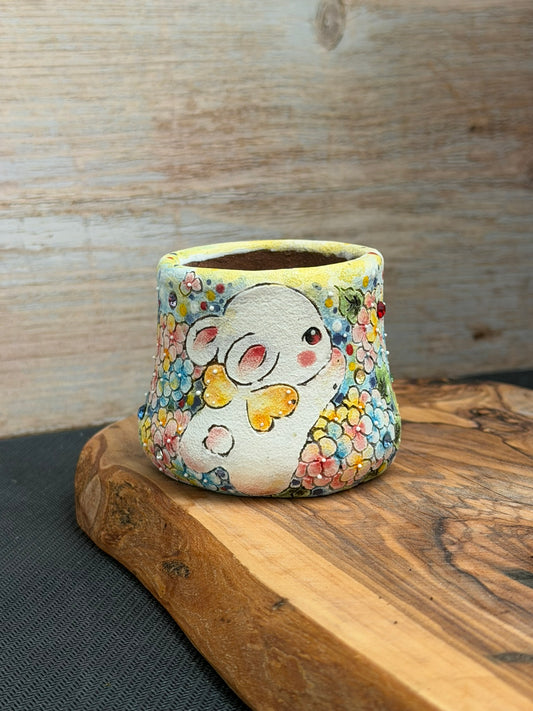 Hand Painted Winged Rabbit Pot with Hydrangeas