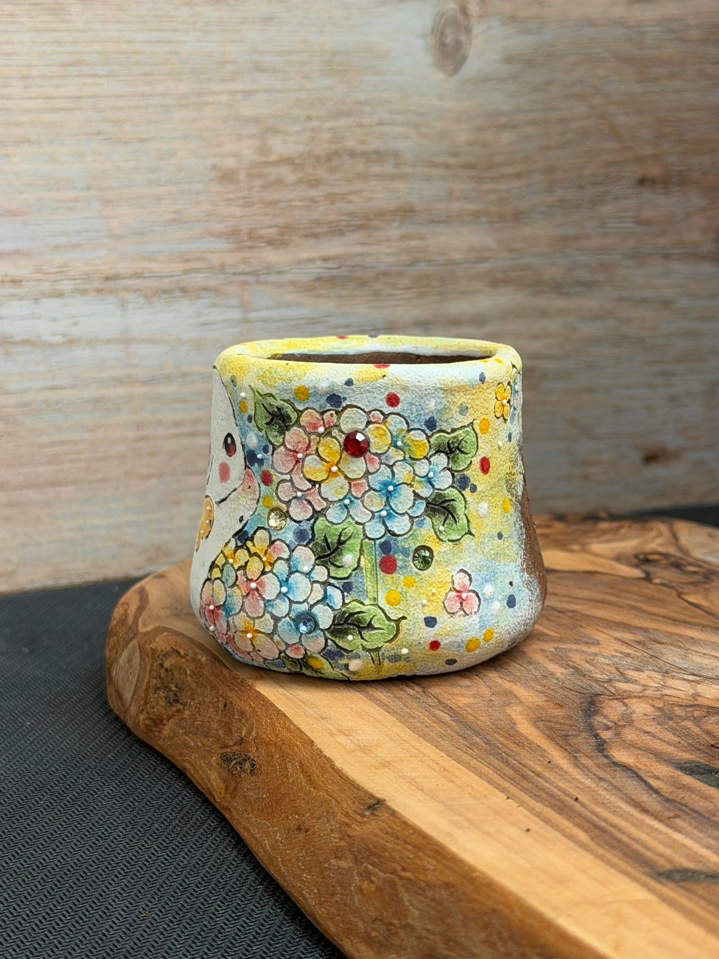 Hand Painted Winged Rabbit Pot with Hydrangeas