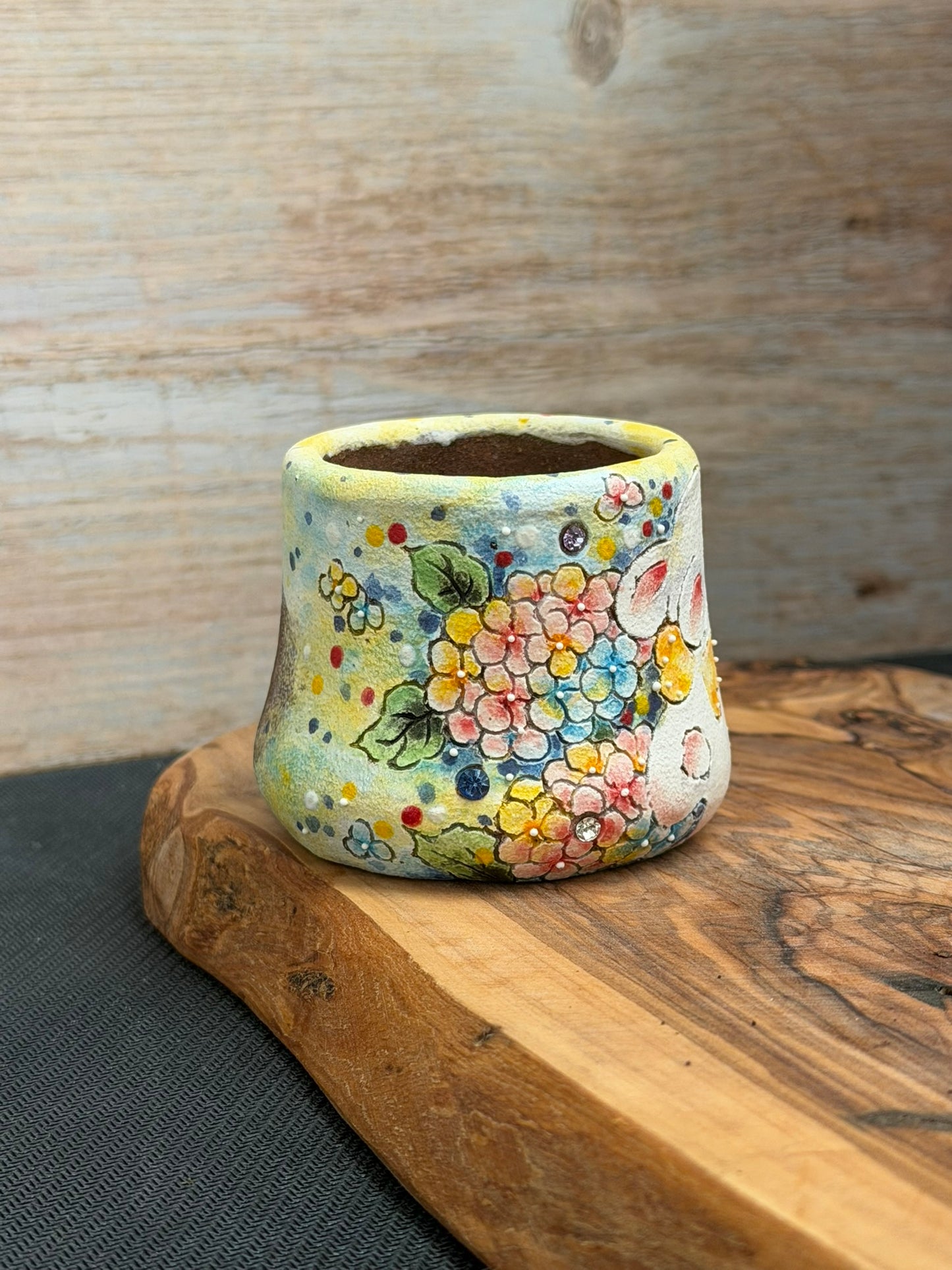 Hand Painted Winged Rabbit Pot with Hydrangeas